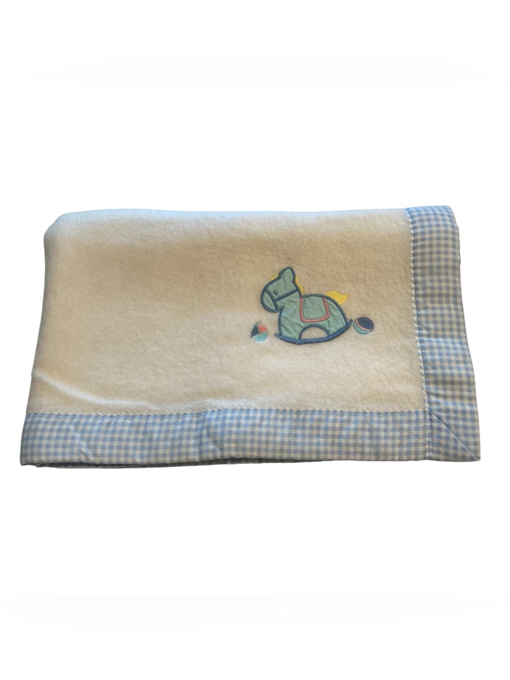VTG Cuddle Time Baby Blanket Rocking Horse White Blue Gingham‎ Trim 35 x 44 USA.